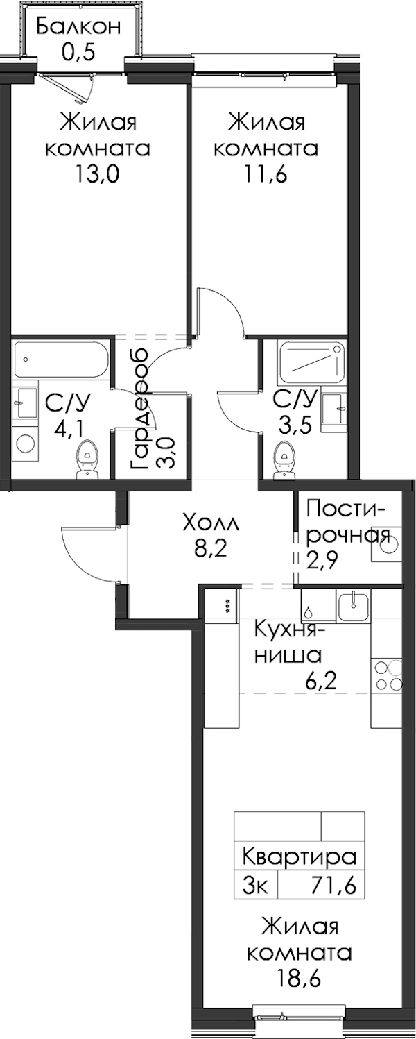 2-комнатная квартира 71.6 м², 10/12 эт., ЖК «Шкиперский 19»